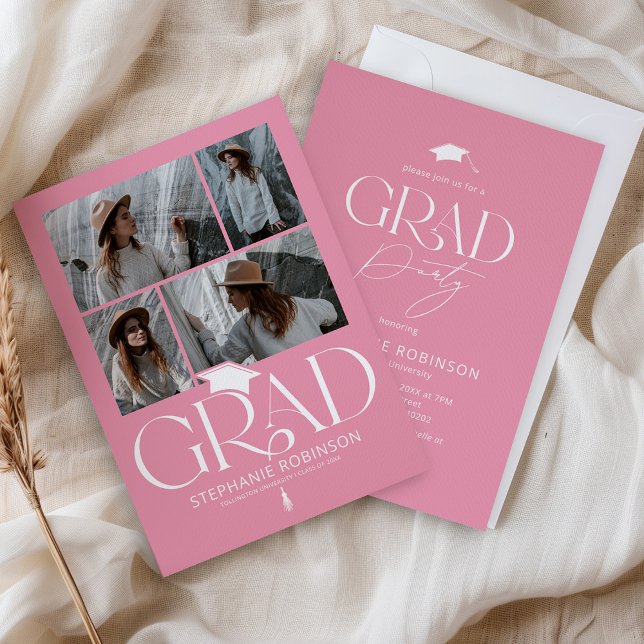 Elegant Pink & White 4 Photo Graduation Party Invitation (Creator Uploaded)