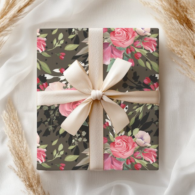 Elegant Pink White Black Rose Floral Wrapping Paper (Creator Uploaded)
