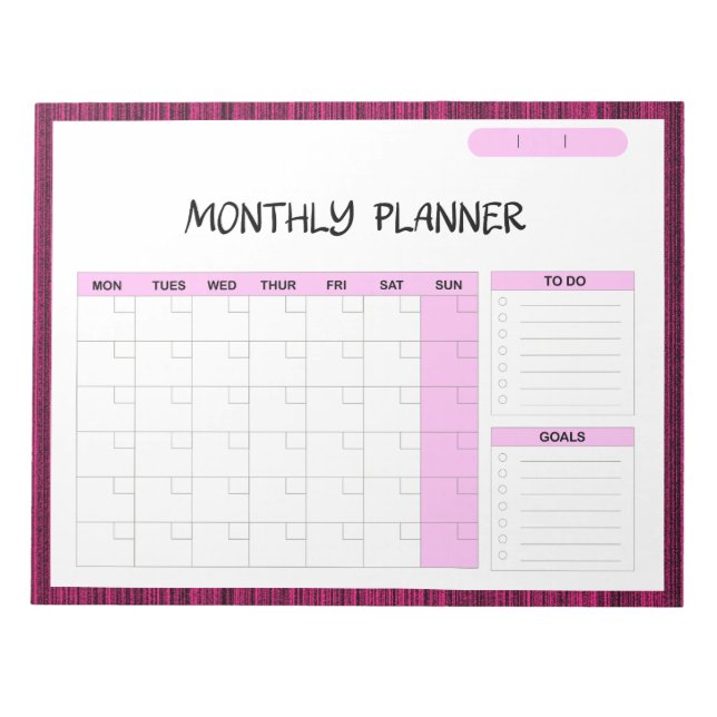 Elegant Pink White Blank Monthly Calendar Planner  Notepad (Front)