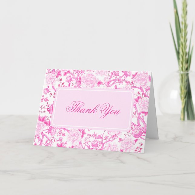 Elegant Pink White Chinoiserie Floral Bird Toile Thank You Card (Front)