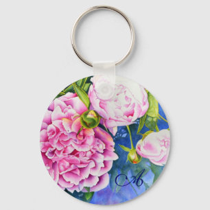 Elegant pink white classic watercolor floral keychain