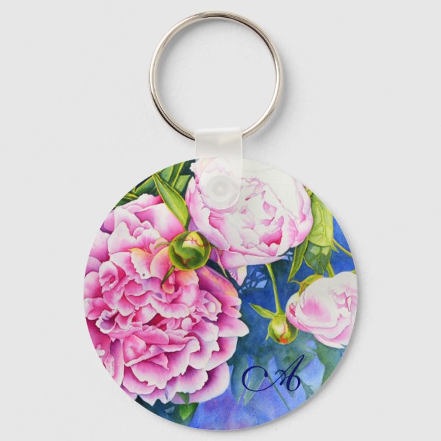 Elegant pink white classic watercolor floral keychain (Front)