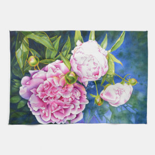 Elegant pink white classic watercolor floral kitchen towel