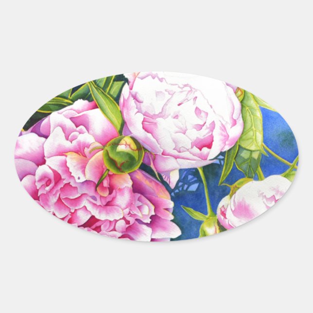 Elegant pink white classic watercolor floral oval sticker (Front)