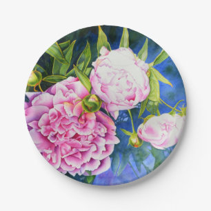 Elegant pink white classic watercolor floral paper plate
