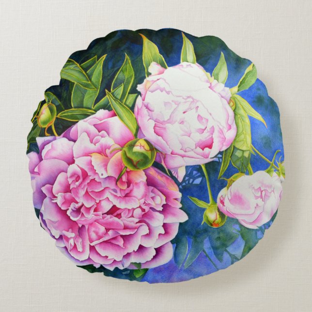 Elegant pink white classic watercolor floral round pillow (Front)