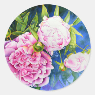 Elegant pink white classic watercolor floral round sticker