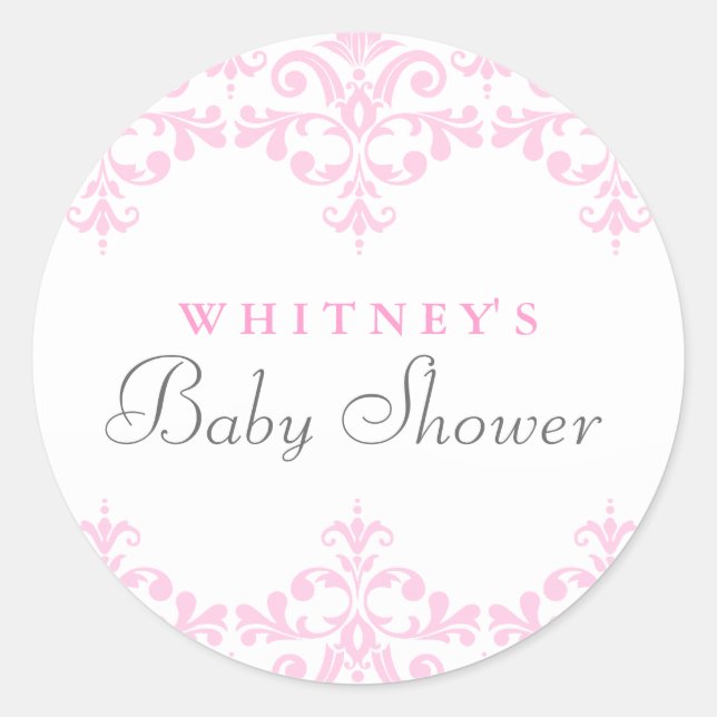 Elegant Pink & White Damask Baby Shower Sticker (Front)
