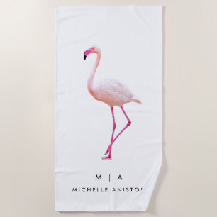 Elegant Pink White  Flamingo    Monogram Custom Beach Towel