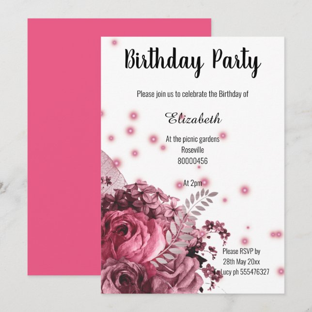 ELEGANT PINK WHITE FLORAL BIRTHDAY 2 INVITATION (Front/Back)