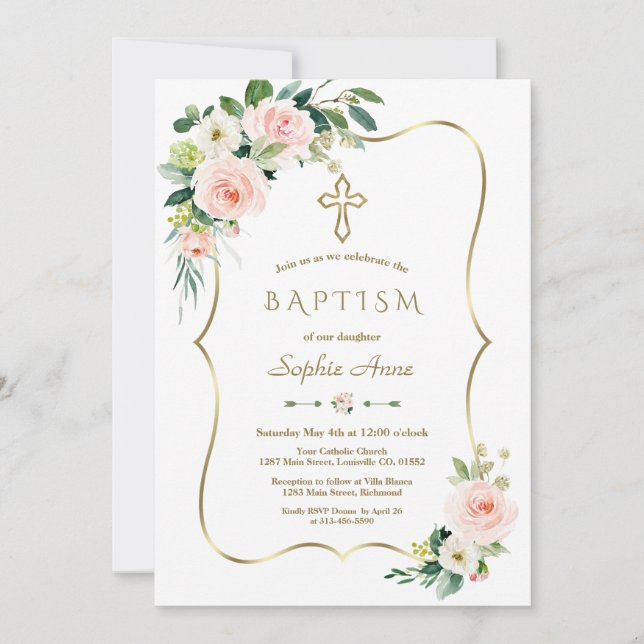 Elegant Pink White Floral Bloom Gold Cross Baptism Invitation (Front)