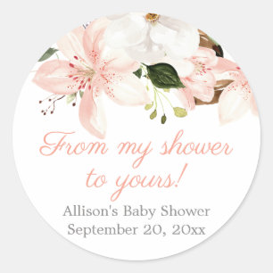 Elegant pink white floral lilies baby shower classic round sticker