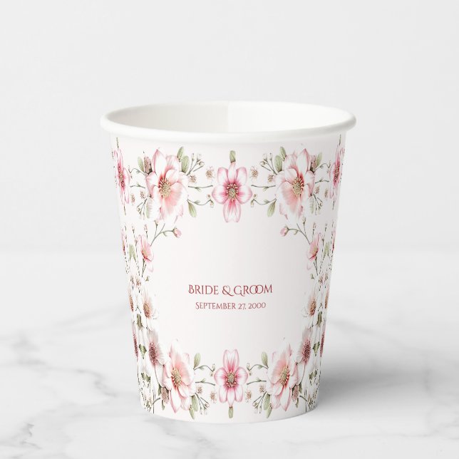 Elegant Pink White Floral Paper cup (Left)