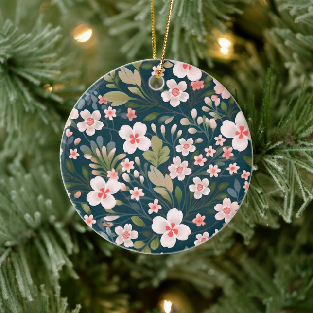 Elegant Pink & White Floral Pattern  Ceramic Ornament (Tree)