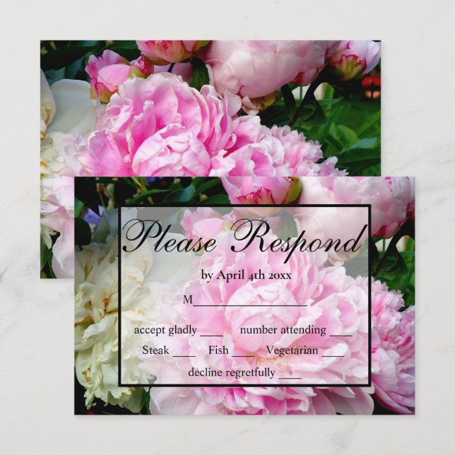 Elegant pink white floral peony RSVP Card (Front/Back)