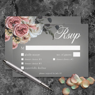 Elegant Pink White Floral Rose Grey Wedding Dinner RSVP Card