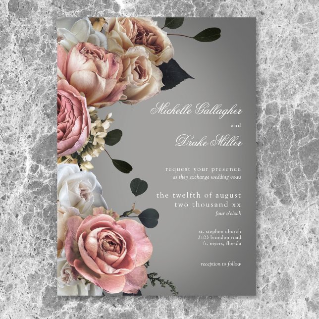 Elegant Pink White Floral Roses Grey Wedding Invitation (Elegant Pink White Floral Roses Gray Wedding Invitation)