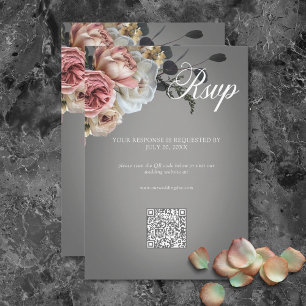 Elegant Pink White Floral Roses Grey Wedding QR RSVP Card