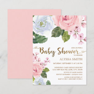 Elegant Pink White Floral Roses Script Baby Shower Invitation