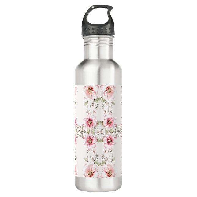 Elegant Pink White Floral Water Bottle (Front)