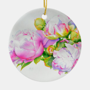 Elegant pink white floral watercolor painting ceramic ornament