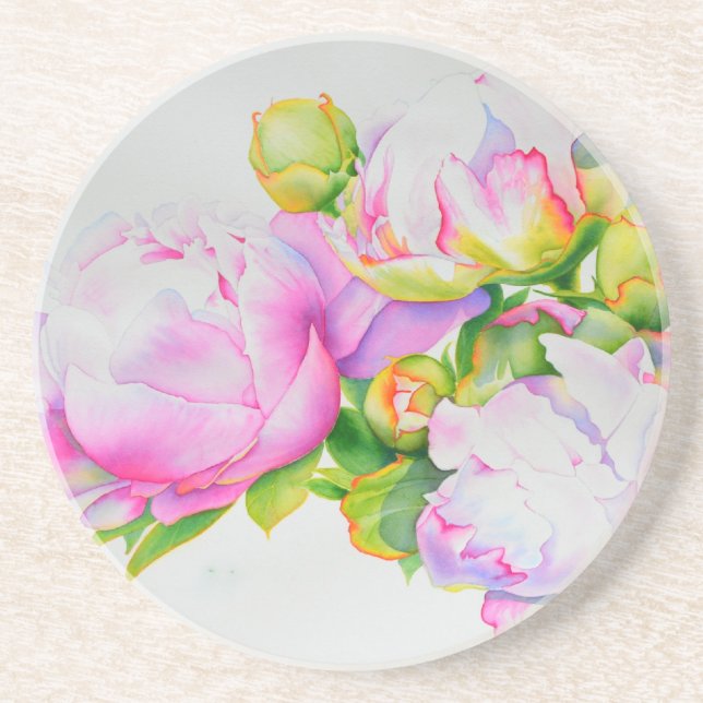Elegant pink white floral watercolor painting coaster (Front)
