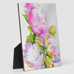 Elegant pink white floral watercolor painting plaque