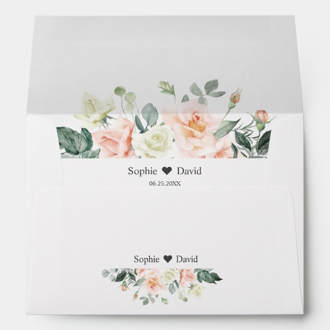 Elegant Pink White Floral Wedding Return Address Envelope (Back (Bottom))