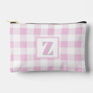 Elegant pink white gingham customizable monogram  accessory pouch