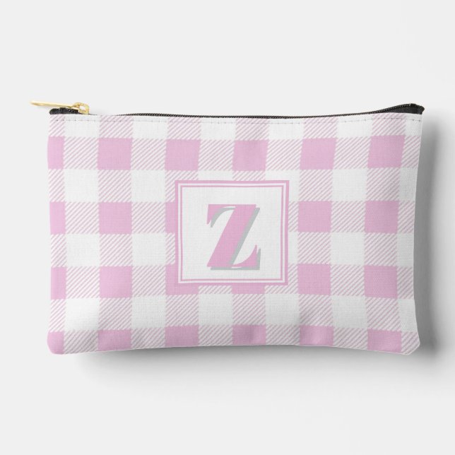 Elegant pink white gingham customizable monogram  accessory pouch (Front)