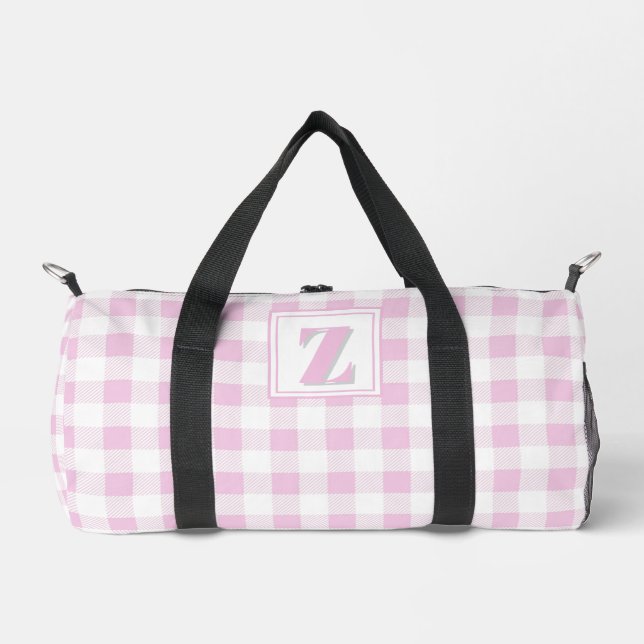 Elegant pink white gingham customizable monogram  duffle bag (Front)