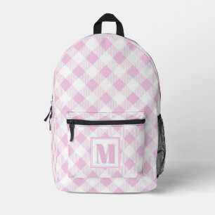 Elegant pink white gingham customizable monogram printed backpack
