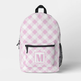 Elegant pink white gingham customizable monogram  printed backpack