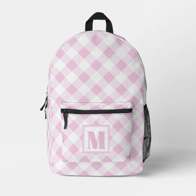 Elegant pink white gingham customizable monogram  printed backpack (Front)