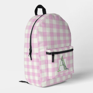 Elegant pink white gingham monogram letter A Printed Backpack