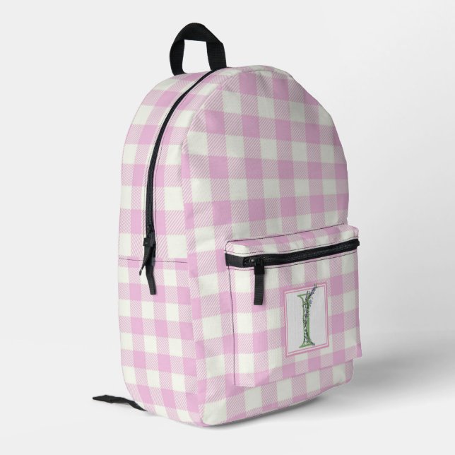 Elegant pink white gingham monogram letter I Printed Backpack (Back Corner Left)