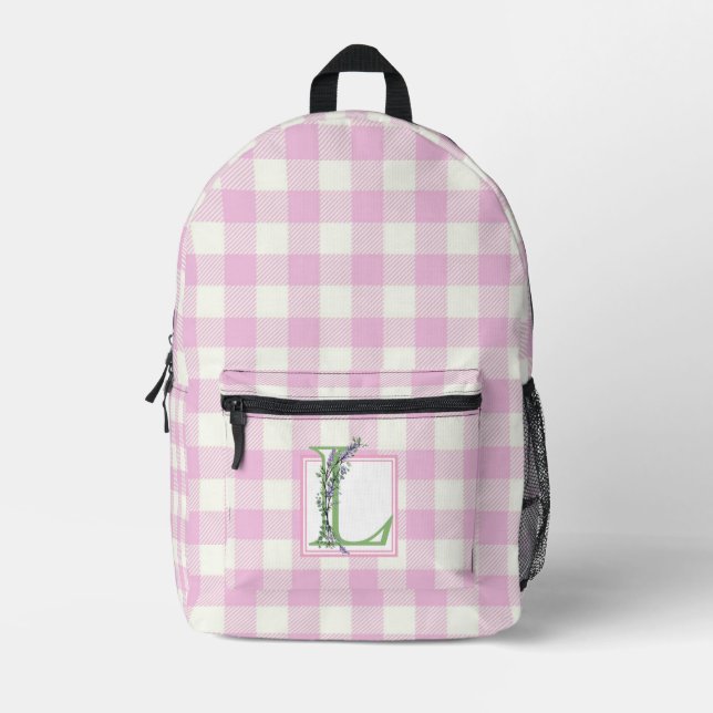 Elegant pink white gingham monogram letter L Printed Backpack (Front)