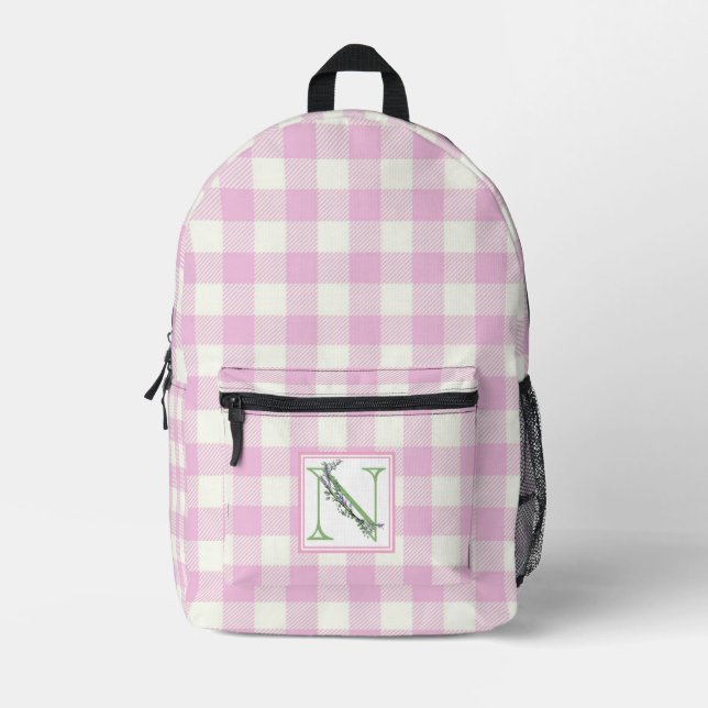 Elegant pink white gingham monogram letter N Printed Backpack (Front)