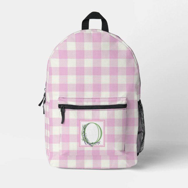 Elegant pink white gingham monogram letter O Printed Backpack (Front)