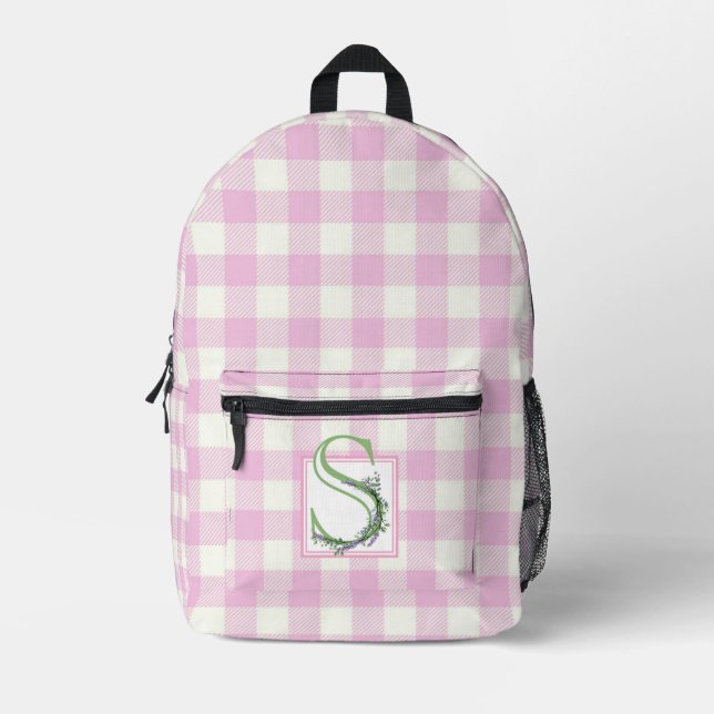 Elegant pink white gingham monogram letter S Printed Backpack (Front)