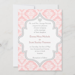 Elegant pink, white, grey damask wedding invitation