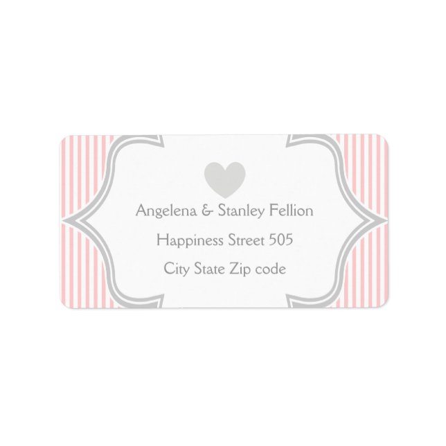 Elegant pink, white, grey stripes wedding label (Front)