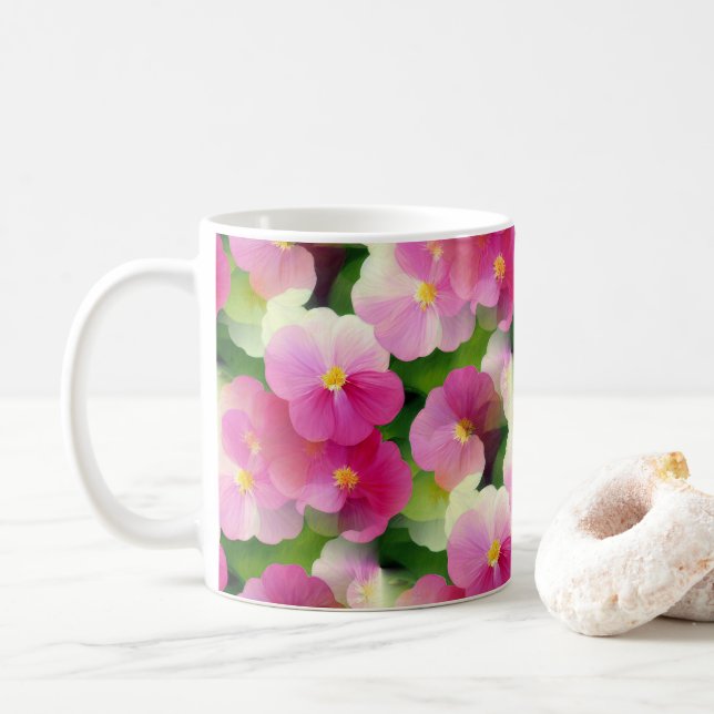 Elegant Pink & White Impatiens Flower Pattern Coffee Mug (With Donut)