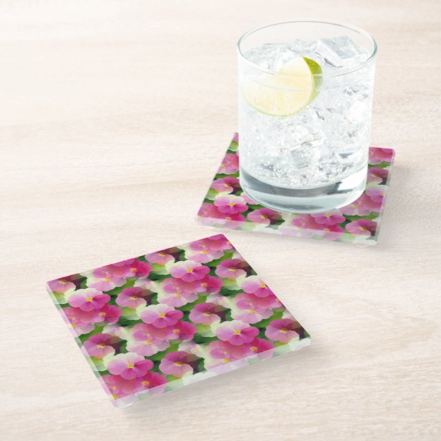 Elegant Pink & White Impatiens Flower Pattern Glass Coaster (Angled)