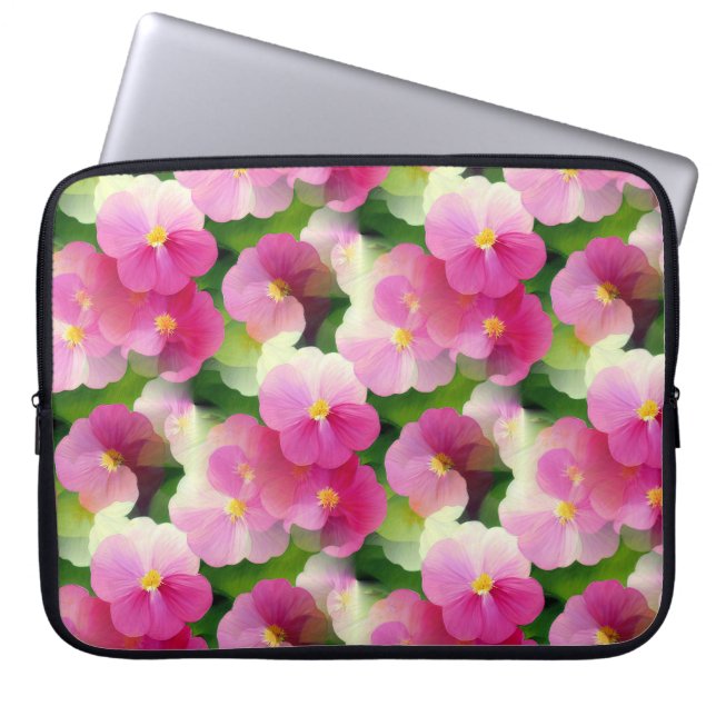Elegant Pink & White Impatiens Flower Pattern Laptop Sleeve (Front)