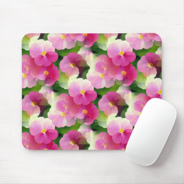 Elegant Pink & White Impatiens Flower Pattern Mouse Pad (With Mouse)