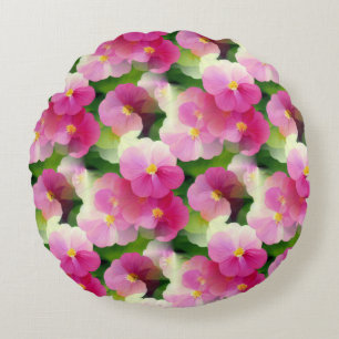 Elegant Pink & White Impatiens Flower Pattern Round Pillow