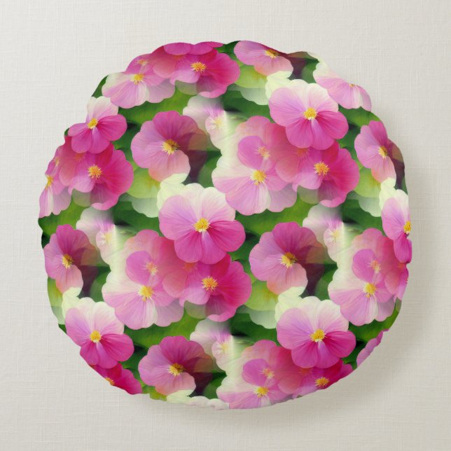 Elegant Pink & White Impatiens Flower Pattern Round Pillow (Front)