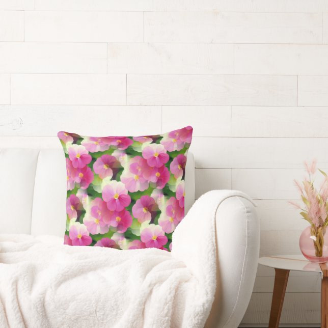 Elegant Pink & White Impatiens Flower Pattern Throw Pillow (Couch)