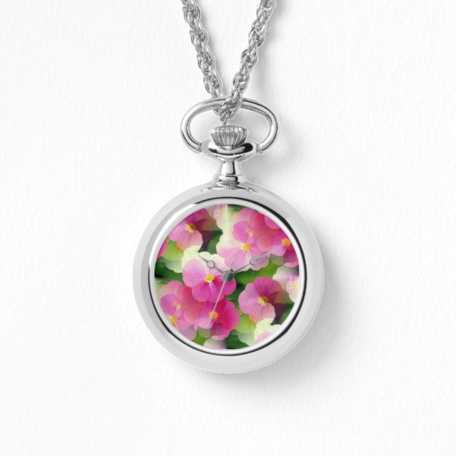 Elegant Pink & White Impatiens Flower Pattern Watch (Front)